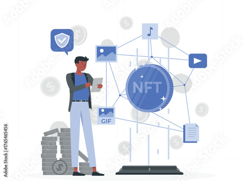 Man Interacting with NFT Network Displaying Digital Assets and Coins non-fungible token cryptocurrency