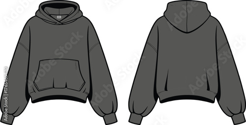 Hoodie flat sketch, sweatshirt drawing, fashion design vector, apparel template, garment illustration, casual wear, hooded pullover, balloon sleeves, kangaroo pocket, ribbed cuffs