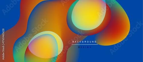 Abstract fluid shapes, vibrant colors blend. Blue background contrasts warm orange, yellow hues. Modern design element.