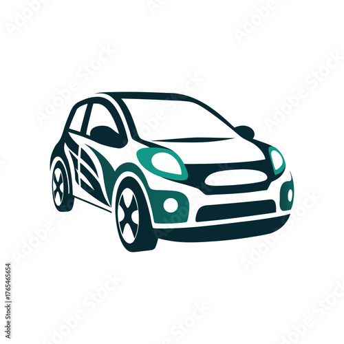 Modern Car Illustration, Teal and Dark Blue A plum purple ride share car waits on a violet field