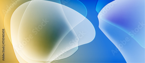 Abstract fluid shapes blend, showcasing yellow, blue, white hues. Soft gradients create calming visual experience.