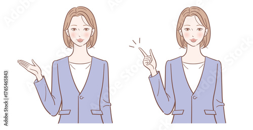案内・指差し・説明をするビジネスパーソンの女性、ベクターイラスト