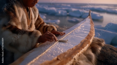 An Inuit elder, their hands steady, repairs a sealskin kayak, its surface taut. A bone needle, its tip sharp, stitches the seams. A fur mat, its fibers matted, cushions the ground. A frozen shore,