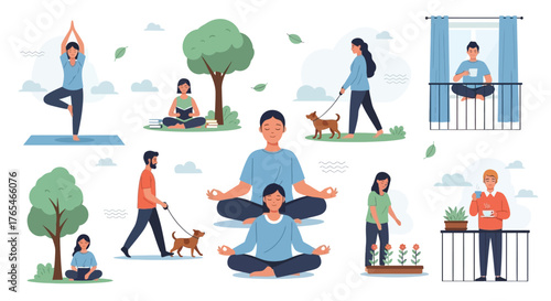 Diverse individuals engage in mindful well-being activities like yoga, meditation, nature walks, and balcony relaxation, promoting a balanced and healthy lifestyle