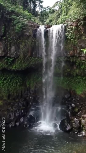 Majestic waterfall plunging from rocky cliff into serene pool surrounded by lush green rainforest in vertical video format capturing the raw beauty of nature in motion