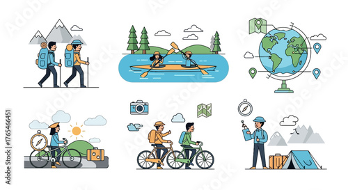 Adventure and Travel Icons Hiking, Kayaking, Biking, Globe, Camping, and Exploration Elements