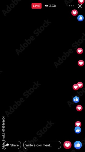 Vertical Live Stream Overlay With Floating Hearts And Thumbs Up On Alpha Channel