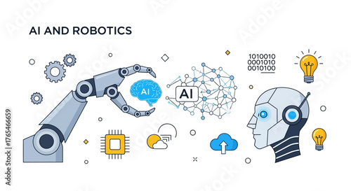 Concept of artificial intelligence and robotics featuring a mechanical arm, a cybernetic head, and a digital brain network