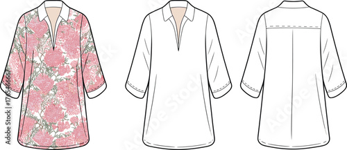 Floral tunic blouse flat sketch, half sleeve V-neck top with collar, women’s fashion CAD drawing front and back view