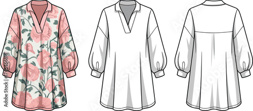 Floral tunic dress flat sketch front and back view, CAD fashion vector illustration, women’s long sleeve apparel design template