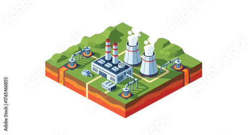 Geothermal Power Plant Flat Vector – Renewable Geothermal Energy Vector – Sustainable Power and Eco Industry Illustration