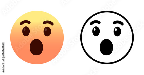 Surprised or shocked emoji face, emoticon in color and outline styles showing shock or amazement. Perfect for awe, surprise, gasp, wonder, oops, and emotion in social media, chat apps, reactions
