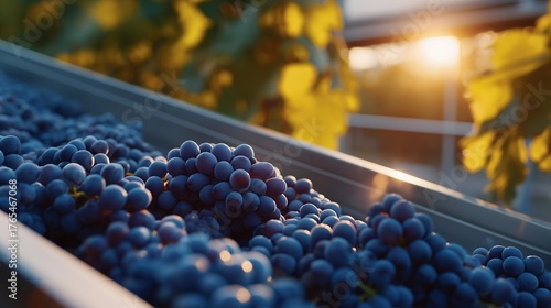 Wallpaper Mural In a vineyard’s winery, clusters of grapes are transported by conveyor belt for crushing, symbolizing sustainable agriculture, wine production, traditional farming enhanced by industry, and the Torontodigital.ca