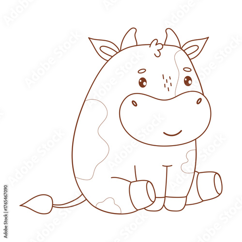 Outline Cute Little Bull. Adorable Kawaii Animal. Line drawing, coloring book. Vector illustration. Kids collection. Not AI