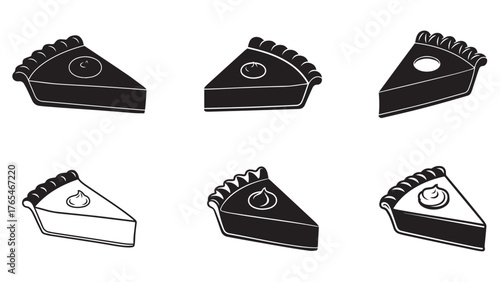 Pie cake slice silhouette with crimped crust and cream dollop cut-out, clean black dessert icon for thanksgiving bakery and autumn branding