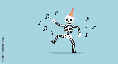 Dancing skeleton wearing a party hat surrounded by musical notes.