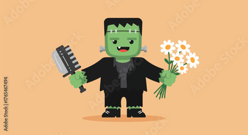 Frankenstein holding flowers and a cleaver, smiling happily on a beige background.