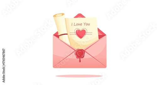 Romantic Love Letter Illustration Open Pink Envelope with a Heartfelt 'I Love You' Message and Scroll Inside, Sealed with Affectionate Wax