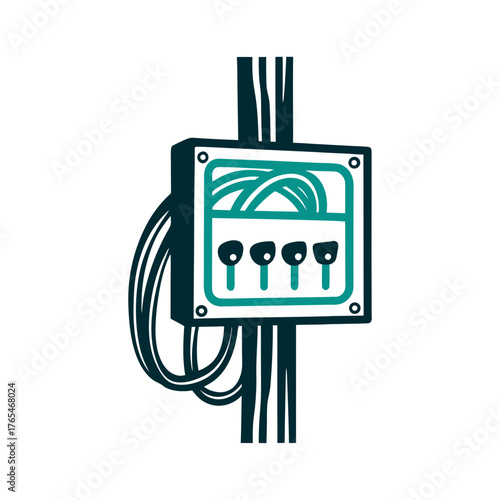 Electrical Utility Box Illustration with Wires An olive green utility box stands flush on a khaki backdrop