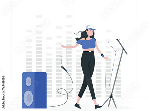 Female singer performing on stage with microphone and speaker, equalizer background performer music