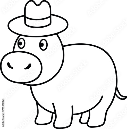 Funny Cartoon Hippo Wearing A Hat Cute Animal For Kids Drawing Activity COLORING PAGE OUTLINT LINR ART