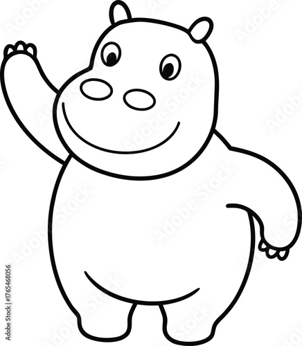 Happy Hippo Waving Its Little Hand Joyful Animal Cartoon For Kids Art COLORING PAGE OUTLINT LINR ART
