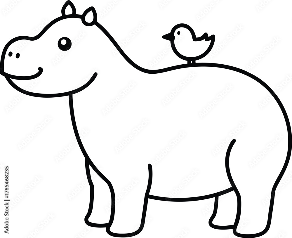 Fototapeta premium Hippo Standing With Birds On Its Back Adorable Cartoon Animal For Kids COLORING PAGE OUTLINT LINR ART