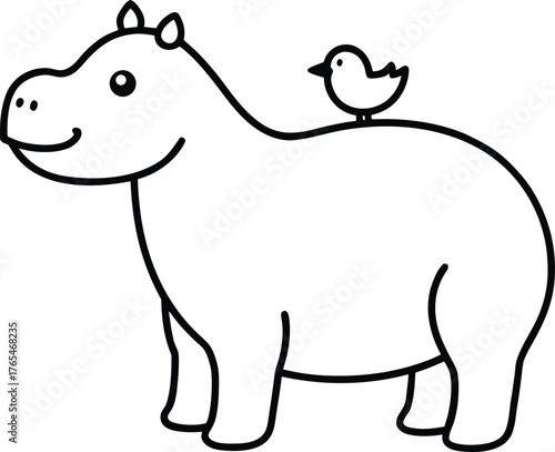 Hippo Standing With Birds On Its Back Adorable Cartoon Animal For Kids COLORING PAGE OUTLINT LINR ART