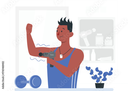 Man using a massage gun on his bicep after a workout with dumbbells muscle recovery fitness