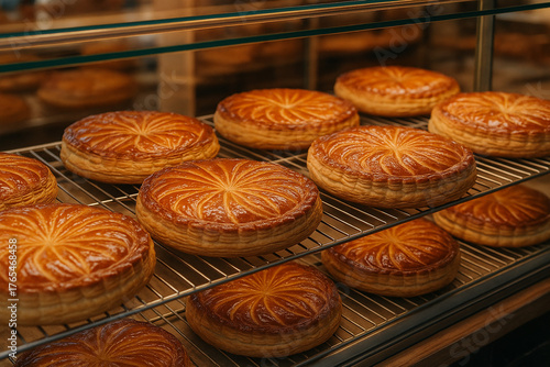 Galettes des Rois dorées en vitrine de boulangerie française