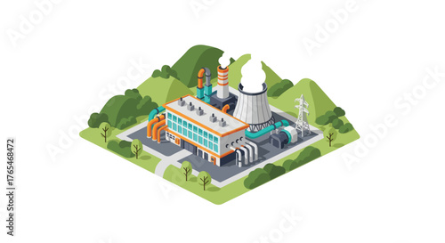 Isometric Geothermal Power Plant Vector – Renewable Geothermal map Energy Vector – Sustainable Power and Eco Industry Illustration