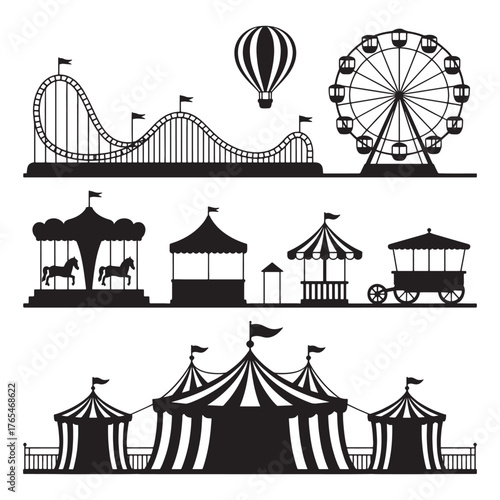 Amusement park silhouette icons collection with roller coaster and ferris wheel