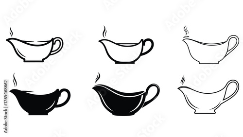 Gravy boat silhouette with spout, handle, and steam gap, bold black sauce icon for holiday dinner menus, kitchen labels, and festive table graphics