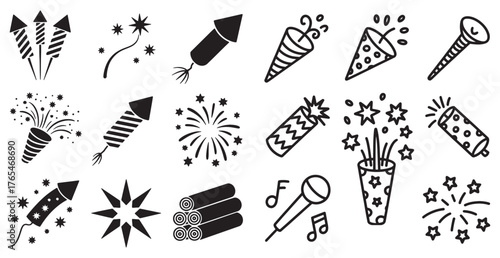 Black And White Icon Collection of Fireworks Crackers and Celebration Elements