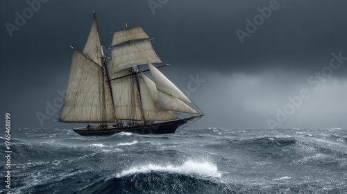 Historic sailing ship battles rough ocean waves beneath a dark, dramatic storm sky