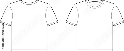 T-shirt flat sketch, crew neck drawing, fashion design vector, apparel template, garment illustration, short sleeve, clothing outline, casual wear, hem variation, fashion graphic