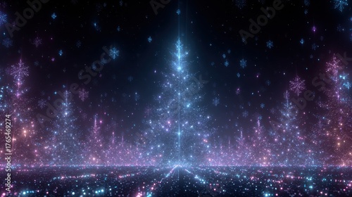 Wallpaper Mural Neon Glowing Christmas Tree Background with Sparkling Snowflakes in Night Sky Torontodigital.ca