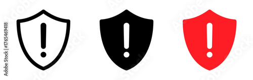 Set of shield icons with exclamation mark in black, white, and red styles representing security, warning, alert, warning, security risk, danger, protection, and system errors