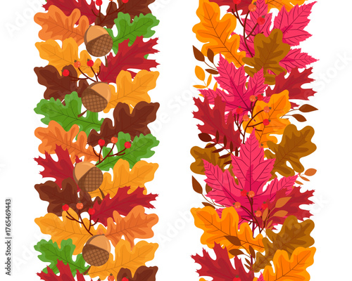 Autumn Colorful Oak Maple Tree Leaves Seamless Borders