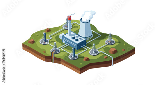 Isometric Geothermal Power Plant Vector – Renewable Geothermal Energy Vector – Sustainable Power and Eco Industry Illustration