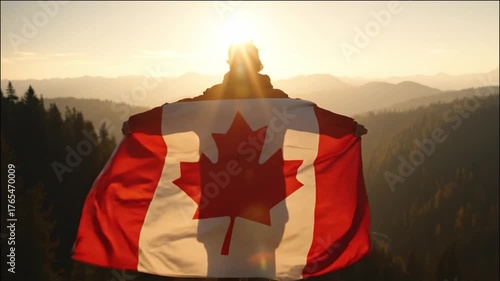 Silhouette of a person standing on a mountain cliff draped in a Canadian flag at sunset with vast forest and mountain ridges in the background