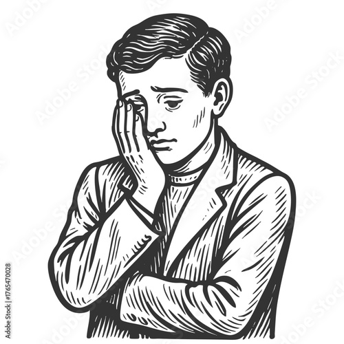 young man with a sorrowful expression, resting his face on one hand in deep thought sketch engraving generative ai fictional character vector illustration. Scratch board imitation. Black and white.