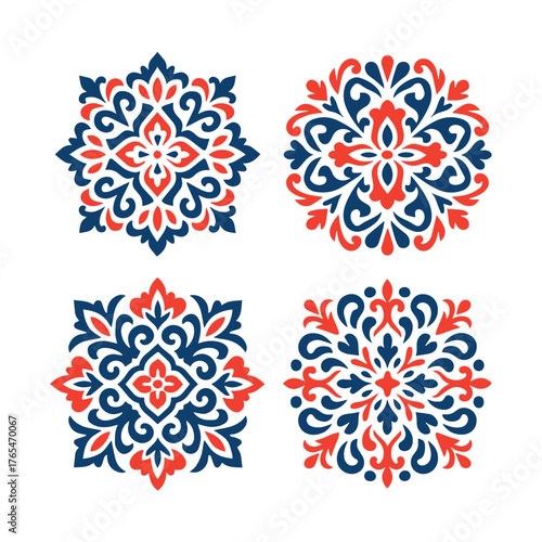 Blue and Red Folk Ornament. Eastern European Design