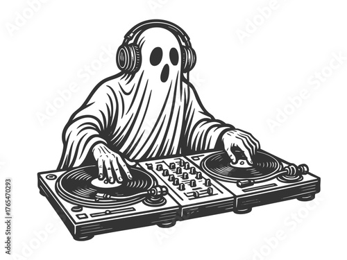 ghost wearing headphones while DJing with vinyl turntables sketch engraving generative ai fictional character vector illustration. Scratch board imitation. Black and white image.