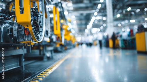 Wallpaper Mural Blurred factory personnel in background with sharp detailed view of robotic systems mounting vehicle parts, with copy space Torontodigital.ca