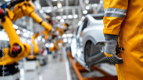 Partial view of technician's safety uniform beside clear focused mechanical arms assembling automobile structures, with copy space