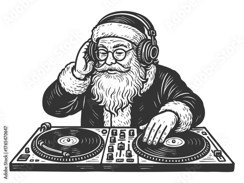 Santa Claus as a DJ mixing vinyl at a festive holiday party sketch engraving generative ai fictional character vector illustration. Scratch board imitation. Black and white image.
