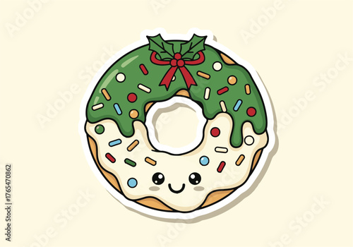 Adorable Christmas Donut Sticker Illustration Featuring Green Icing, Holly, Sprinkles, and a Happy Face, Sweet Holiday Decor