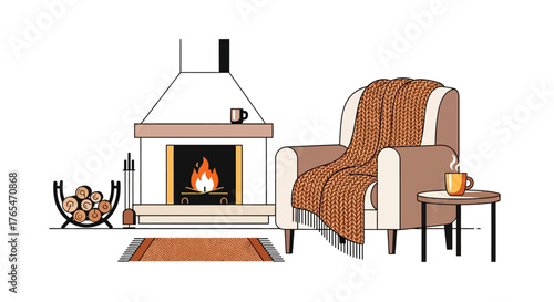 Vector illustration of a modern hygge scene with a burning fireplace, a soft chair, and a hot drink for ultimate comfort
