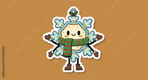 Adorable Winter Snowflake Character Illustration with Scarf and Mistletoe - Festive Holiday Season Graphic Element
